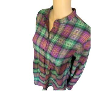 LANDSEND Women’s 100% Cotton Flannel Pintuck Roll Sleeve Banded Collar Tunic Top